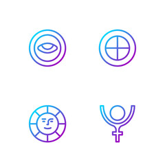 Set line Symbol Pluto, Sun, Medallion with eye and Earth globe. Gradient color icons. Vector