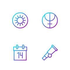 Set line Telescope, Calendar, Sun and Neptune planet. Gradient color icons. Vector