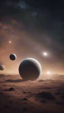 3D illustration of an alien planet in the space with stars and planets