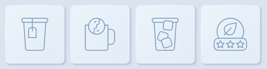 Set line Cup with tea bag, Ice, Tea time and leaf. White square button. Vector