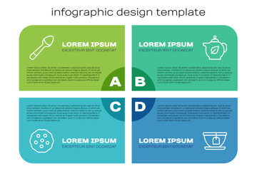 Set line Cookie or biscuit, Teaspoon, Cup with tea bag and Teapot leaf. Business infographic template. Vector