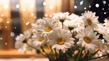 White daisies in vase with bokeh background. Springtime  concept with a space for a text. Valentine day concept with a copy space.
