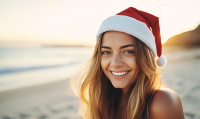 A young woman wearing a santa hat on a beautiful beach. Christmas holiday and vacation concept - obrazy, fototapety, plakaty