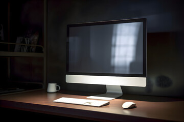 Desktop computer with blank screen in dark room. 3D rendering.
