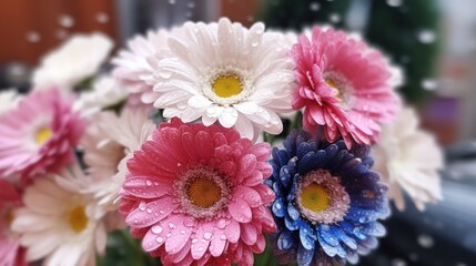 Bouquet of colorful gerbera flowers with drops of water. Springtime  concept with a space for a text. Valentine day concept with a copy space.