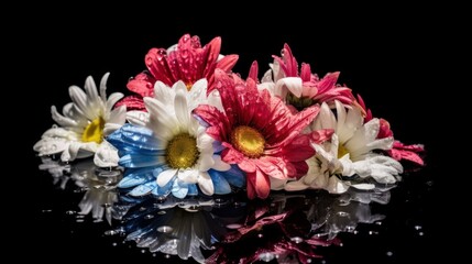 Colorful chrysanthemum flowers on black background with reflection. Springtime  concept with a space for a text. Valentine day concept with a copy space.