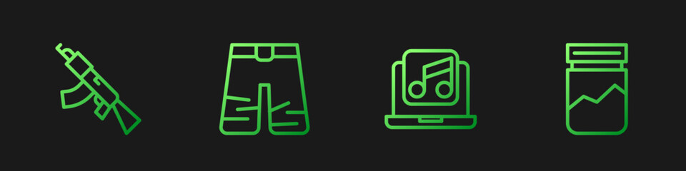 Set line Laptop with music, Submachine gun, Wide pants and Plastic bag of drug. Gradient color icons. Vector