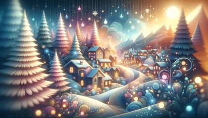Enchanted Winter Village at Night with Snowflakes and Festive Lights - obrazy, fototapety, plakaty