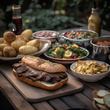Sandwiches with roast beef. potatoes and salad on a wooden board