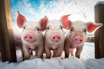 Drei junge Schweine in verschneiter Winterlandschaft blicken neugierig über einen Zaun , niedliches Ferkelmotiv - erzeugt mit Generative AI.