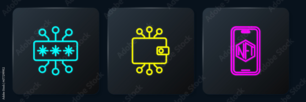 Poster set line cyber security, mobile with art store app and cryptocurrency wallet. black square button. v