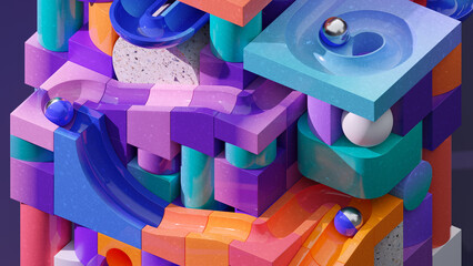 Colorful marble run machine. Colorful rolling ball sculpture background image. 3d rendering