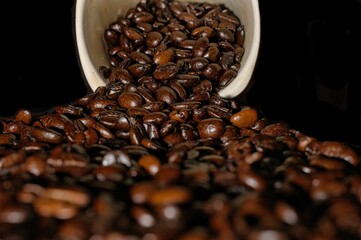 Closeup of coffee beans pouring from a white cup, dark background