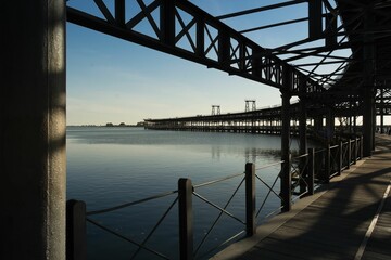 Seafront on a metal Muelle de Riotinto pier in Spain with a blue sky