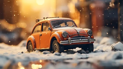 Rolgordijnen Vintage car in the snow. Christmas card. Selective focus. © Gorilla Studio