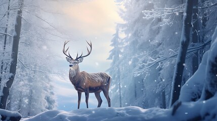 Deer in the winter forest with snow. 3d illustration.