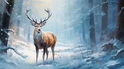 Foto auf Glas Fallow deer in the winter forest. 3D render. Toned. © Gorilla Studio