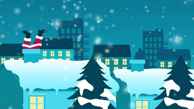 Funny Christmas cartoon of Santa Claus stuck on chimney, motion graphics