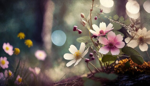 dreamy atmosphere with shiny lights defocused background image, flowers and trees in the woods