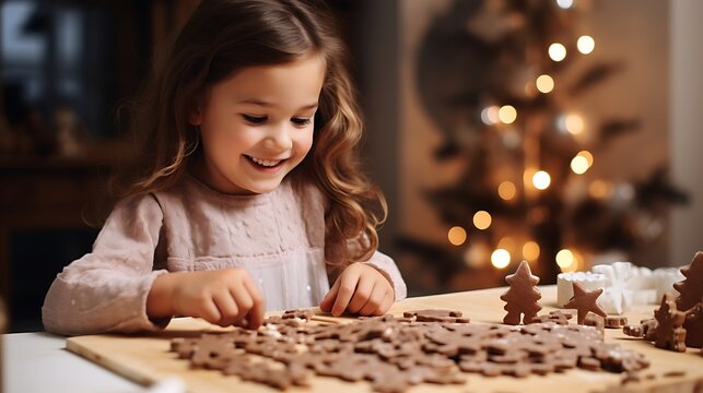 Cute little girl making gingerbread cookies in the kitchen at home