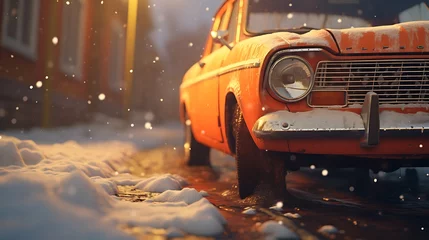 Photo sur Plexiglas Voitures anciennes Old car on a road in the snow in winter. Vintage car.