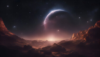3d rendering of a fantasy landscape with a planet and a moon - obrazy, fototapety, plakaty