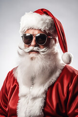 A man dressed as Santa Claus with a gray beard and wearing anti-aging glasses. Photo on a white background