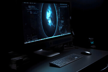 Close up of computer monitor in dark room with computer keyboard and mouse
