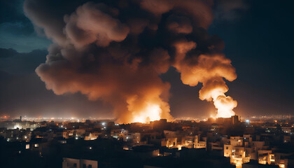 Cityscape at night with a huge fire in the city. The concept of environmental disaster.