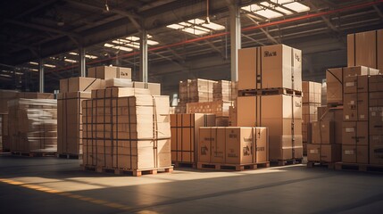 Warehouse interior with boxes on pallets. 3D Rendering
