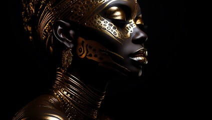 Close-up portrait of a beautiful woman with golden bodyart.