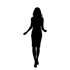 Vector silhouette of a young attractive slender woman, standing, black color, isolated on a white background