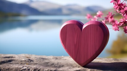 Fototapeta premium Close up of a magenta wooden Heart in front of a beautiful Lake. Blurred natural Background