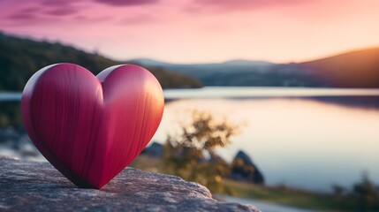 Fototapeta premium Close up of a magenta wooden Heart in front of a beautiful Lake. Blurred natural Background