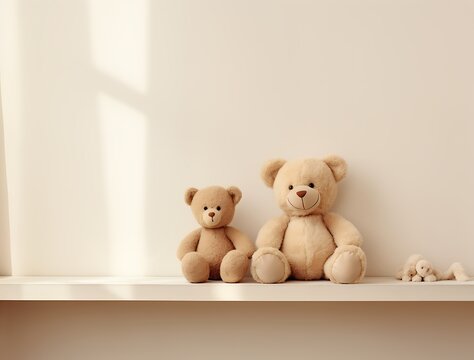 Teddy bears on shelf against white wall, 3d render.