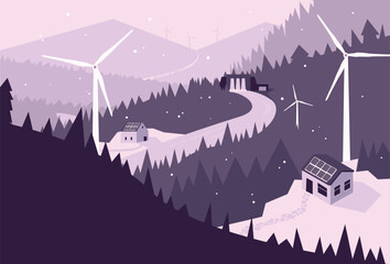 Snowing Landscape Combatting Climate Change Using Renewable Energy, Reducing Carbon Footprint, Greenhouse Gases, Fossil Fuels, Energy Saving, Green Energy, Wind Turbines, Solar Power, Hydropower