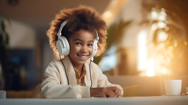 Young african american woman in headphones listening to music at home