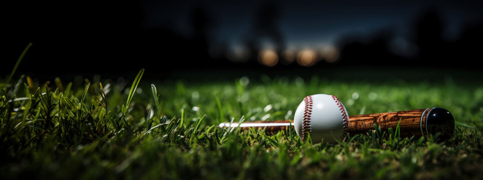Bat and baseball ball lie on the playing field