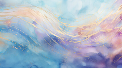 Mermaid Colors Watercolor Texture Background with Gold 