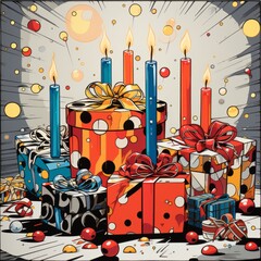 Retro vibrant pop art of presents and candles. generative ai 