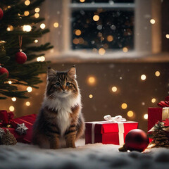 cat and christmas tree