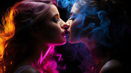 the kiss - two female faces illuminated by colorful phosphorescent smoke 