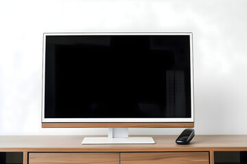 Modern TV on a wooden table. 3d rendering mock up.
