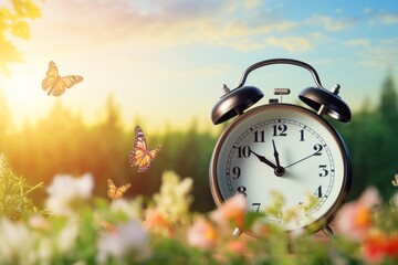  alarm clock stands on the green grass with flowers and butterflies. the time of spring and summer - obrazy, fototapety, plakaty