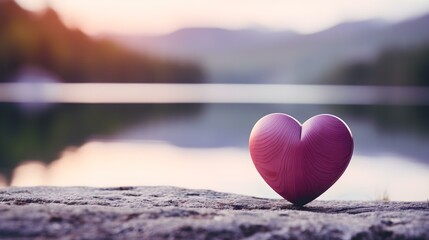 Fototapeta premium Close up of a purple wooden Heart in front of a beautiful Lake. Blurred natural Background