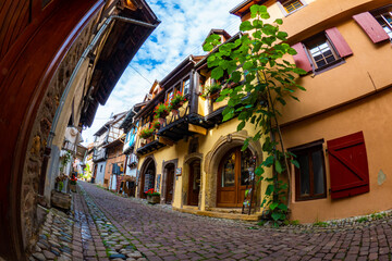 Fototapeta na wymiar The beautiful colorful half timbered houses of Alsace village Equisheim - France 