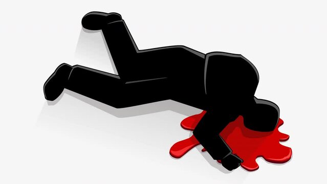 Animation of the appearance of a body with a pool of blood illustrating a blood crime with transition from a black screen to a white screen