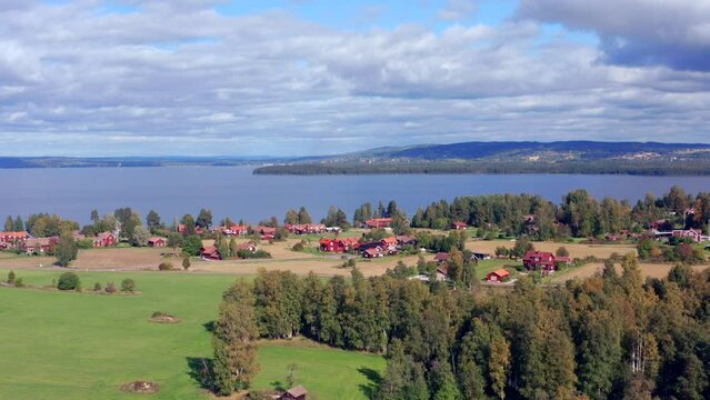Sweden village red house drone shot. Dalarna historical Swedish province