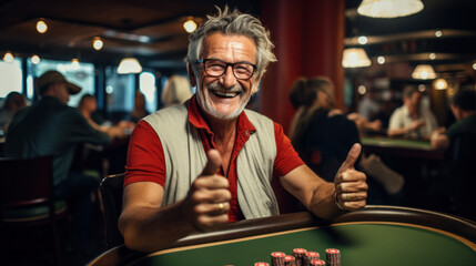 Senior male poker player gesturing thumbs up with cards and poker chips. The background is blurred dark.