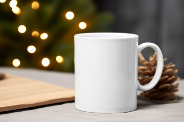 Plain white coffee cup mockup with christmas elements in background. Generative AI